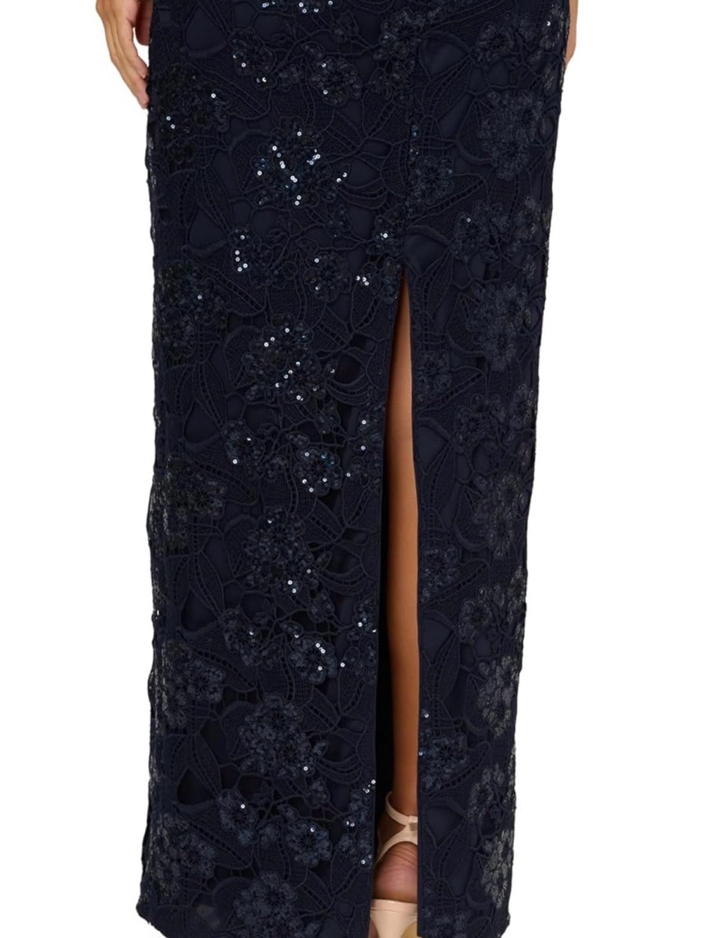 Adrianna Papell Navy Off-Shoulder Sequin Lace Gown - Picture 3 of 8